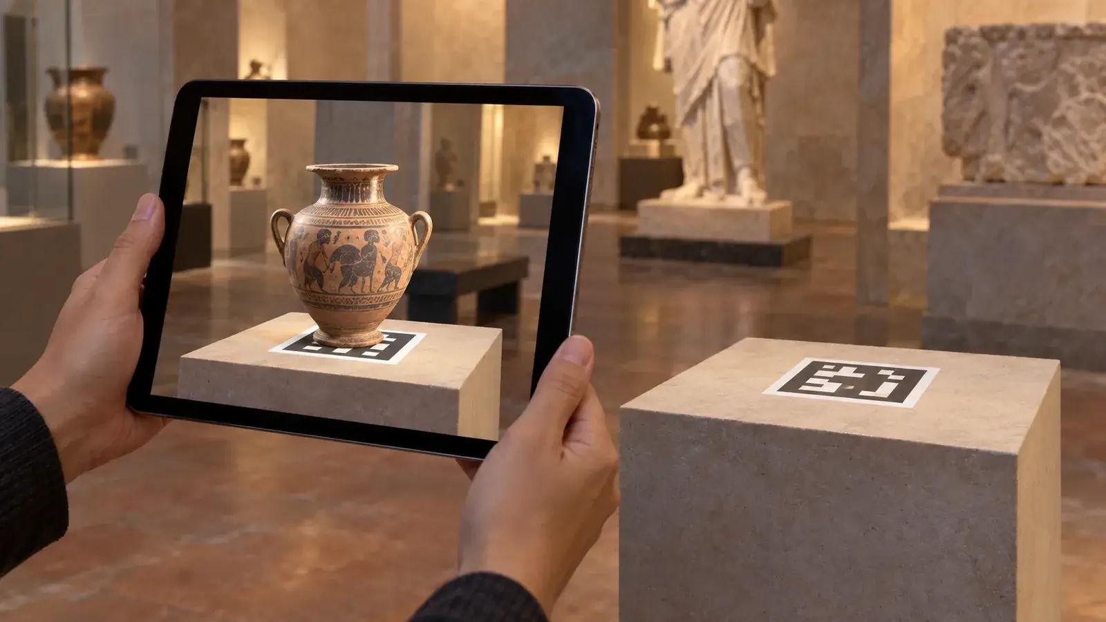 Scenario illustration: a physical marker and a 3D model in the camera view. This is not a photograph of the real museum installation.